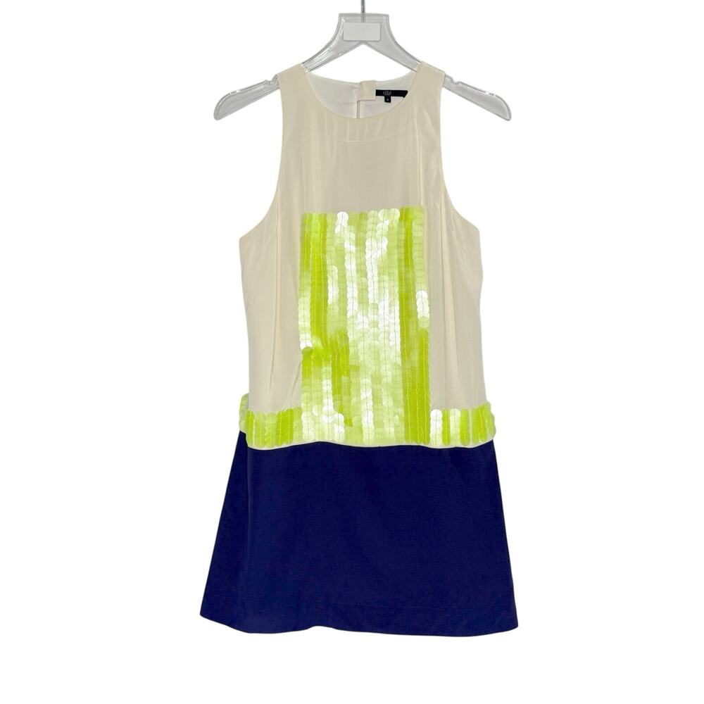Tibi Neon Sequined Mini Shift Tank Dress 4 100% Silk Colorblock Retro *flaw
